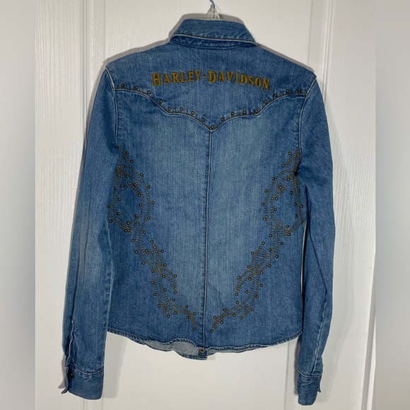 Y2K HARLEY DAVIDSON Studded & Embroidered Button Down Denim Shirt Jacket Shacket - Picture 2 of 8